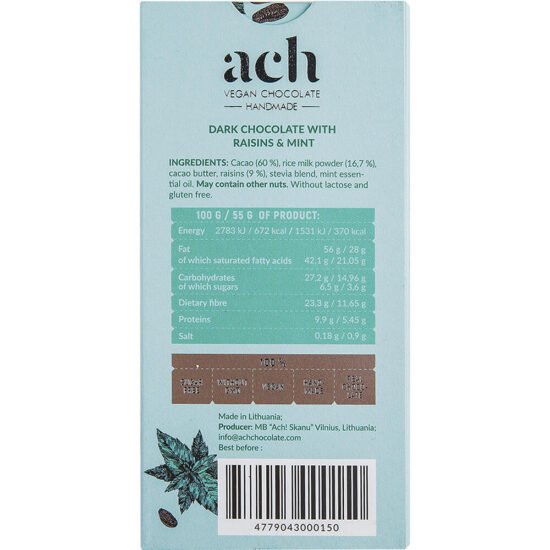 Organic Mint Flavored Dark Chocolate with Raisins Ach Chocolate